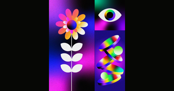 Abstract composition with a dark background featuring a flower-like design, radiant eye-like feature, rainbow-colored curved 
