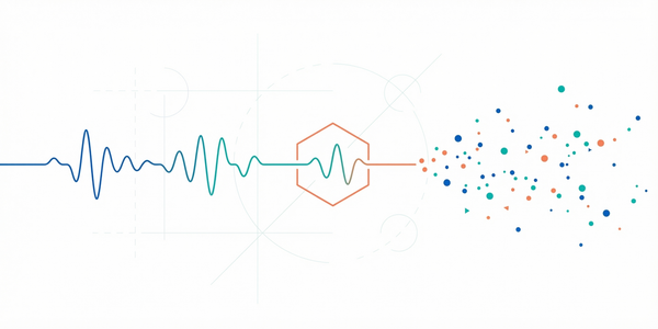 Abstract illustration of a sound wave or heartbeat, formed by blue, orange, and gray dots on a white background.